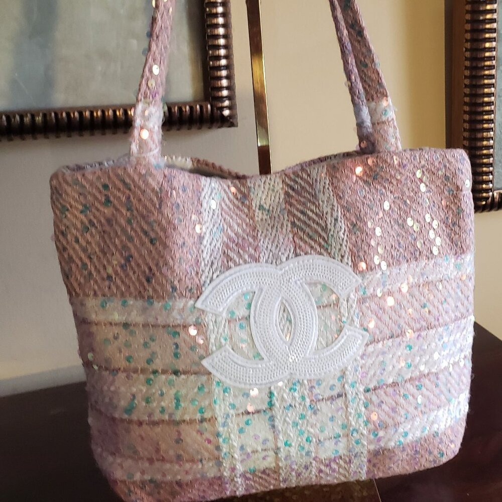 NEW Chanel Pink /White Sequin Tweed Small Tote Bag